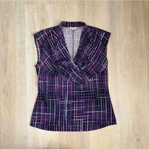 Calvin Klein Women's Purple Plaid Blouse. Sleeveless. V Neck. Size M